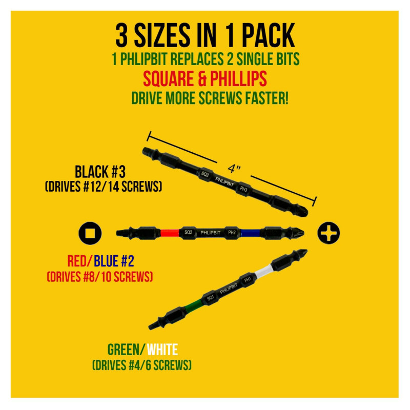 PHLiPBiT Square/Phillips Double End Impact Drive Bit 4" (3pc Set)